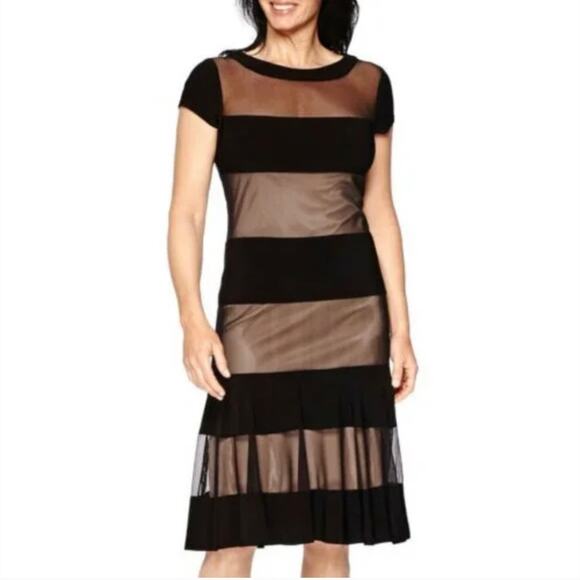 R&M Richards Size 10 Black Stretch Mesh Color Block Dress Short Sleeves Evening - Picture 1 of 10